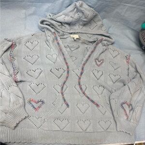 LoveShackFancy Light Blue Heart-Knit Hoodie with Rainbow Trim